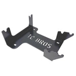 The TC Bros. Engine Stand for 2017-up Harley Milwaukee Eight Motor Bagger and M8 Softail features a black metal bracket with "TC BROS" cutout, upright tabs, and base mounting holes—perfect for securely holding your engine.