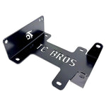 TC Bros. Engine Stand for 2000-2017 Harley-Davidson Twin Cam B Motor For Softail is a durable black metal bracket with multiple holes and "TC BROS" cutout, ideal for convenient engine maintenance. Photographed on a white background.