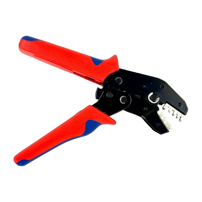 The Moto Iron® Ratcheting Crimp Tool, shown on a white background, features adjustable jaws and a red and blue design—ideal for electrical work and Harley-Davidson wiring.