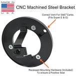 The TC Bros. Black Louvered Air Cleaner for S&S Super E & G Carbs is a black air filter assembly kit by TC Bros., featuring a chrome louvered air cleaner, cylindrical filter, mounting bracket, screws, and a star-shaped wing nut.