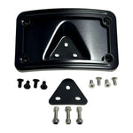 A Moto Iron® Curved Laydown License Plate Mount with frame for 1973-up Harley-Davidson, featuring a black metal triangular bracket and eight screws, displayed on a white background.