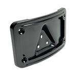 A Moto Iron® Curved Laydown License Plate Mount with frame for 1973-up Harley-Davidson, featuring a black metal triangular bracket and eight screws, displayed on a white background.