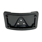 A Moto Iron® Curved Laydown License Plate Mount with frame for 1973-up Harley-Davidson, featuring a black metal triangular bracket and eight screws, displayed on a white background.