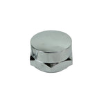 A Moto Iron® chrome round knob on a white background.
