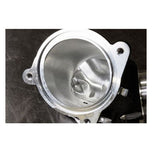 A S&S Cycle Premium 55mm CNC Ported Black Manifold throttle body on a black surface.