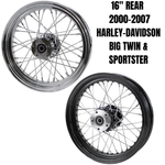 The Moto Iron® 16” × 3” rear wheel fits 2000-2007 Harley-Davidson Big Twin and Sportster models, shown in chrome and black finishes with a durable spoked design.