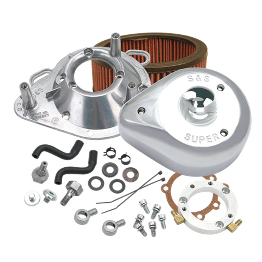A set of parts for a motorcycle, including a carburetor and S&S® Teardrop Air Cleaner Kit For 1993-'06 HD® Big Twins with Stock CV carburetors - Chrome from S&S Cycle.