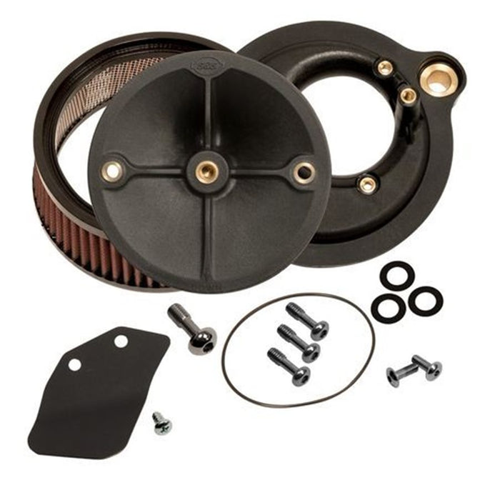 A black S&S Cycle Stealth Air Cleaner Kit Without Cover for 2017-Up HD® M8 Models motorcycles.