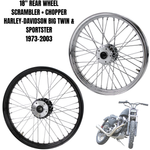 The Moto Iron® 18” × 2.5” Rear Scrambler Wheel for 1973-2003 Harley-Davidson Big Twin and Sportster features chrome spokes, a central hub, and visible valve stem, beautifully displayed against a white background.