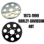 Two TC Bros. 48T rear sprockets—chrome or black—for chain-driven, converted Harley-Davidsons (1973–1999). Perfect 530 chain sprocket for upgrade or conversion.