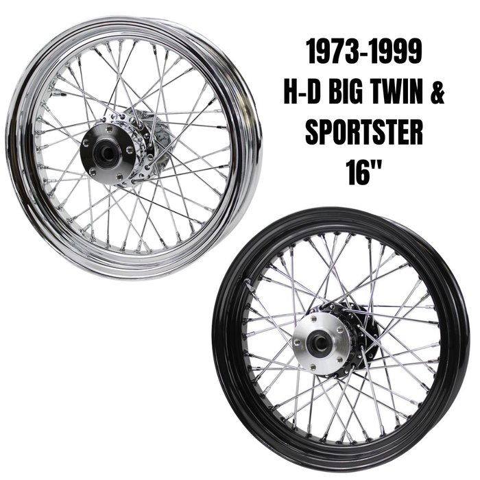 Pair of Moto Iron® Complete 16" × 3" wheels for 1979-1999 Harley Big Twin and Sportster models, shown in chrome and black.