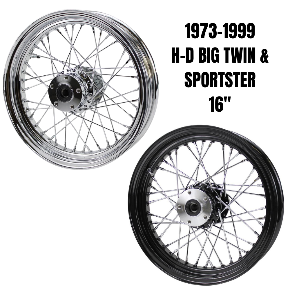Pair of Moto Iron® Complete 16" × 3" wheels for 1979-1999 Harley Big Twin and Sportster models, shown in chrome and black.