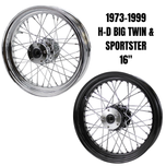 Pair of Moto Iron® Complete 16" × 3" wheels for 1979-1999 Harley Big Twin and Sportster models, shown in chrome and black.