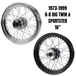 Pair of Moto Iron® Complete 16" × 3" wheels for 1979-1999 Harley Big Twin and Sportster models, shown in chrome and black.