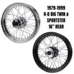 Moto Iron® 16” × 3” rear wheel for 1979-1999 Harley-Davidson Big Twin and Sportster—choose chrome or black rim. See compatible Moto Iron® motorcycle wheels listed at right.
