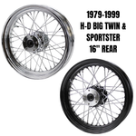 Moto Iron® 16” × 3” Wheels in chrome or black fit 1979-1999 Harley-Davidson Big Twin and Sportster models—ideal replacement wheels for your classic ride.