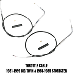 Drag Specialties Throttle Cable for 1981-1989 Harley-Davidson bikes, featuring metal ends and rubber covers. Ideal as a replacement for select Big Twin and Sportster models. Shown on a white background.