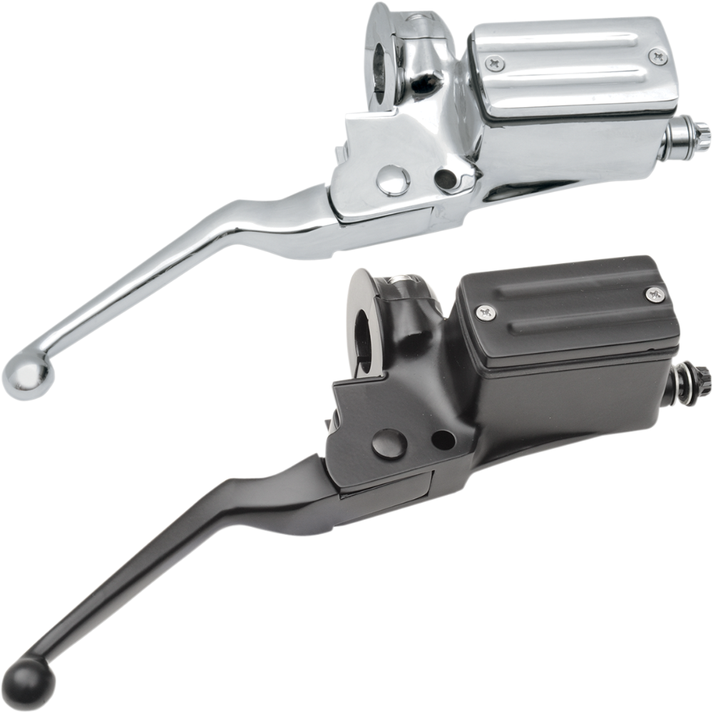 Two Drag Specialties Front Master Cylinders for 1982-1995 Harley-Davidson motorcycles—one chrome, one matte black—are shown side by side on a white background.
