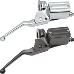 Two Drag Specialties Front Master Cylinders for 1982-1995 Harley-Davidson motorcycles—one chrome, one matte black—are shown side by side on a white background.