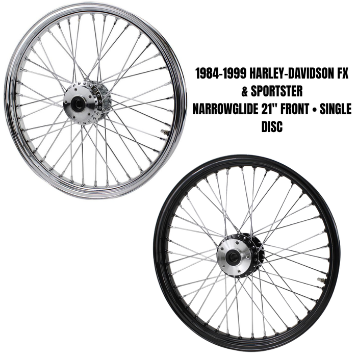 A Moto Iron® Complete 21” × 2.15” Front Wheel for 1984-1999 Harley FX and Sportster, featuring chrome spokes, hub, and axle, is shown side-on against a white background.