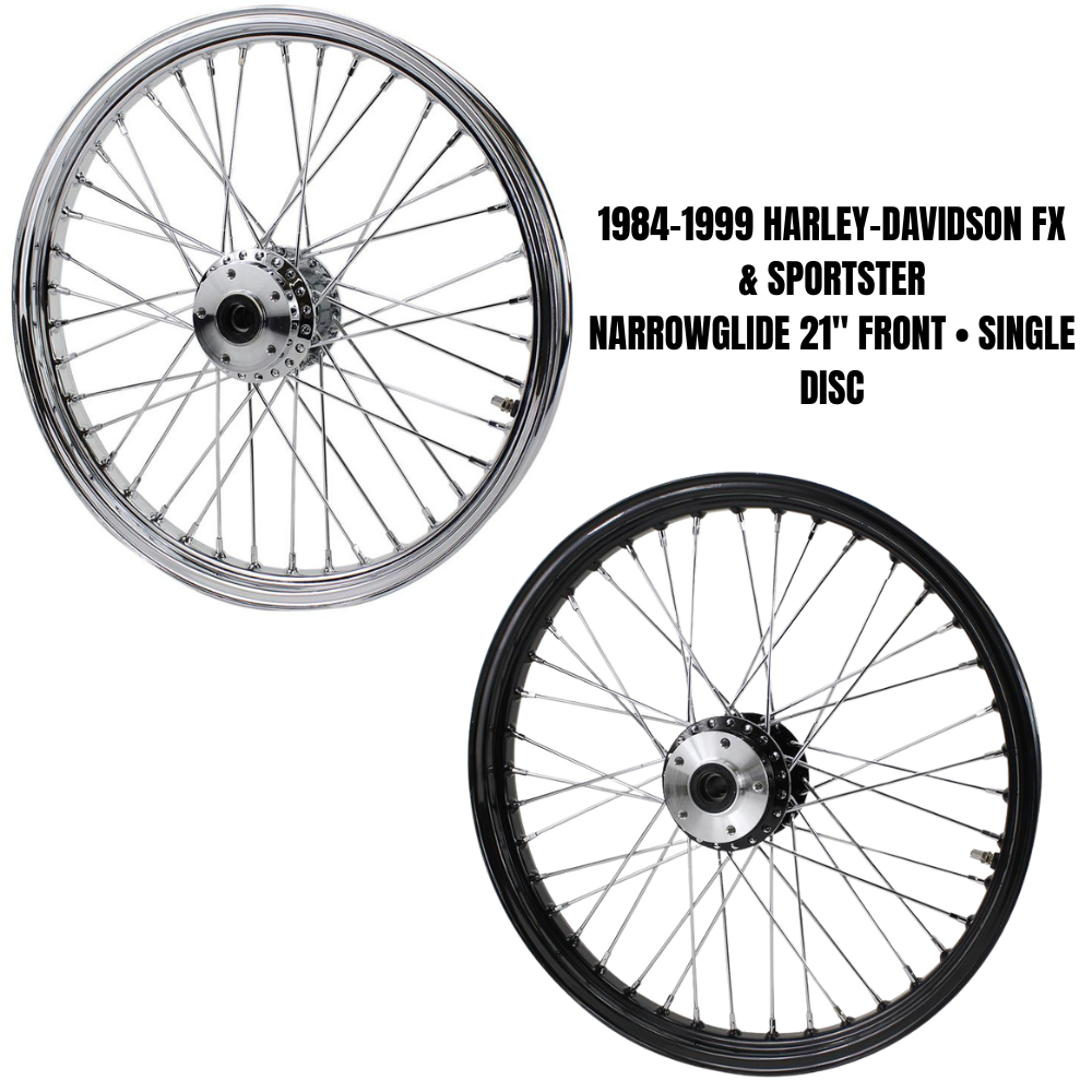 A Moto Iron® Complete 21” × 2.15” Front Wheel for 1984-1999 Harley FX and Sportster, featuring chrome spokes, hub, and axle, is shown side-on against a white background.