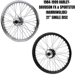 The Moto Iron® 21" × 2.15" front wheel fits 1984-1999 Harley-Davidson FX and Sportster models with a single disc; shown in chrome and black finishes.