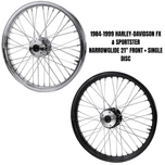 A Moto Iron® Complete 21” × 2.15” Front Wheel for 1984-1999 Harley FX and Sportster, featuring chrome spokes, hub, and axle, is shown side-on against a white background.