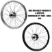 A Moto Iron® Complete 21” × 2.15” Front Wheel for 1984-1999 Harley FX and Sportster, featuring chrome spokes, hub, and axle, is shown side-on against a white background.