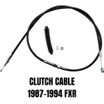 A black Drag Specialties Clutch Cable for 1987-1994 Harley-Davidson FXR is shown with small components on a white background. Text reads: "CLUTCH CABLE 1987-1994 FXR.