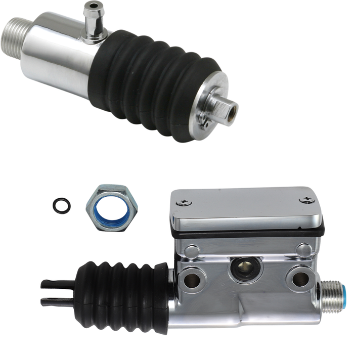 Two Drag Specialties Rear Master Cylinders for L1987-1999 Harley-Davidson Softail are shown, chrome-plated with black rubber boots, a blue metal nut, and a small black O-ring.