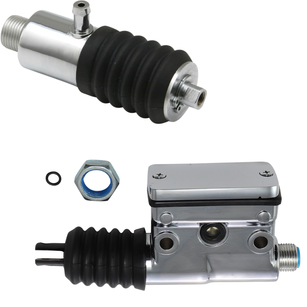 Two Drag Specialties Rear Master Cylinders for L1987-1999 Harley-Davidson Softail are shown, chrome-plated with black rubber boots, a blue metal nut, and a small black O-ring.