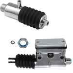 Two Drag Specialties Rear Master Cylinders for L1987-1999 Harley-Davidson Softail are shown, chrome-plated with black rubber boots, a blue metal nut, and a small black O-ring.