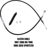 The Drag Specialties Clutch Cable fits 1987-2006 Harley-Davidson Big Twin and 1987-2020 Sportster models. Black with rubber boot and small connector parts.