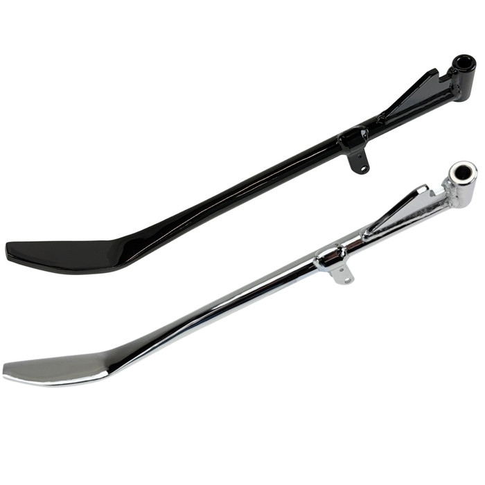 Introducing the Moto Iron® Chrome +1" Kickstand for 1989-2003 Sportster models (excluding Hugger Models)*, crafted from high-strength steel and featuring a durable mounting bracket, ideal for accommodating extended front forks.
