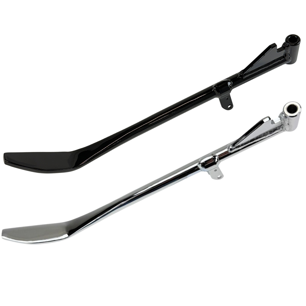Introducing the Moto Iron® Chrome +1" Kickstand for 1989-2003 Sportster models (excluding Hugger Models)*, crafted from high-strength steel and featuring a durable mounting bracket, ideal for accommodating extended front forks.