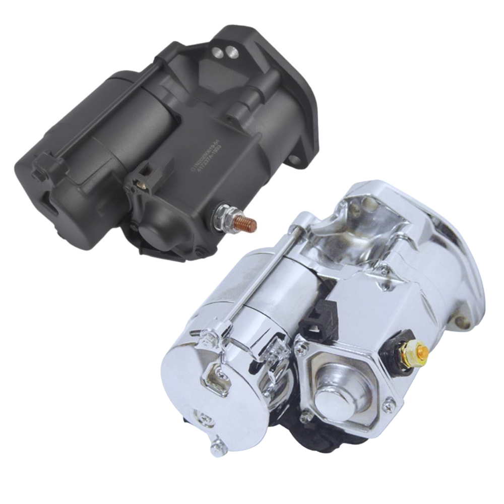 A black Moto Iron® Starter Motor for 1989-2006 Harley-Davidson Big Twin models is shown with two metal mounting bolts beside it on a white background.