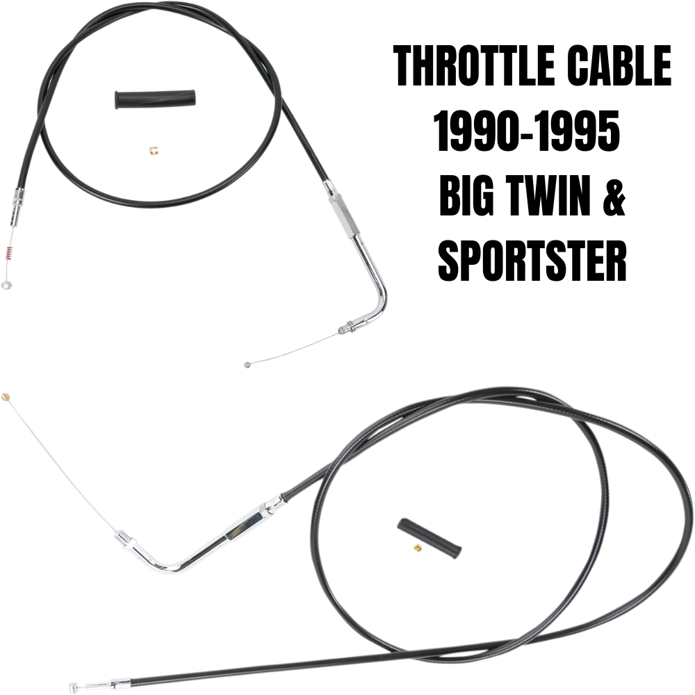 Drag Specialties Throttle Cable for 1990-1995 Harley-Davidson, featuring end fittings, a black sleeve, and hardware, is shown on a white background.