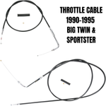 Drag Specialties Throttle Cable for 1990-1995 Harley-Davidson, featuring end fittings, a black sleeve, and hardware, is shown on a white background.