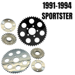 Five metal sprockets are displayed on a white background, with "TC Bros. Belt-to-Chain Conversion Kit for Harley-Davidson Sportster 1991-1994" in bold—perfect for upgrading your Sportster.