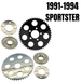 Five metal sprockets are displayed on a white background, with "TC Bros. Belt-to-Chain Conversion Kit for Harley-Davidson Sportster 1991-1994" in bold—perfect for upgrading your Sportster.