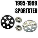 Four metal gears of different sizes are shown, with "TC Bros. Belt-to-Chain Conversion Kit for Harley-Davidson Sportster 1995-1999" in bold black letters above them.