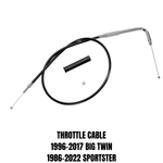 Two Drag Specialties Throttle Cables for 1996-2022 Harley-Davidson, plus two small black cylinders, shown on a white background with text noting compatibility for Big Twin Sportster models.