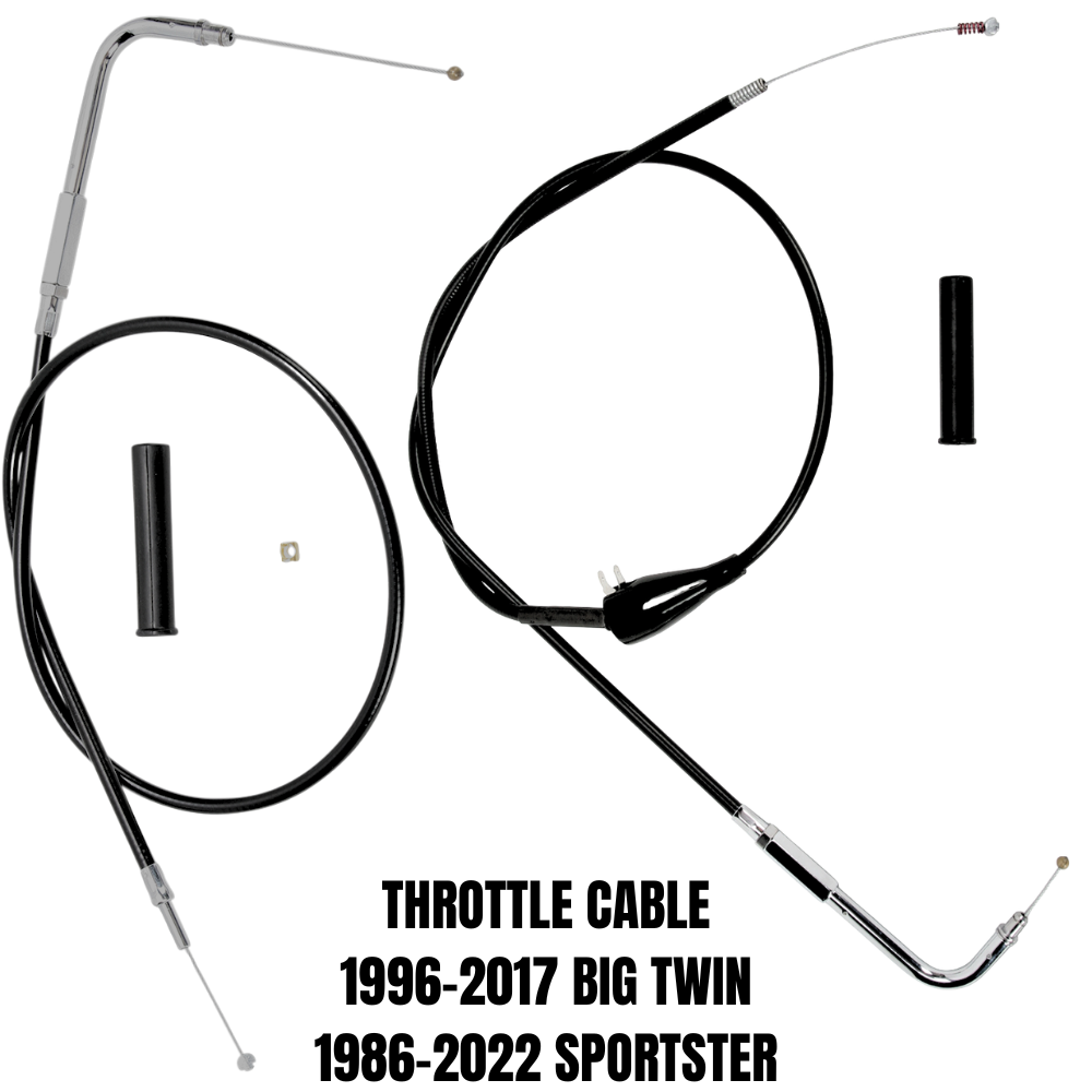 Two Drag Specialties Throttle Cables for 1996-2022 Harley-Davidson, plus two small black cylinders, shown on a white background with text noting compatibility for Big Twin Sportster models.
