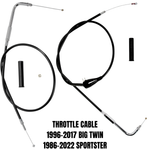 Two Drag Specialties Throttle Cables for 1996-2022 Harley-Davidson, plus two small black cylinders, shown on a white background with text noting compatibility for Big Twin Sportster models.