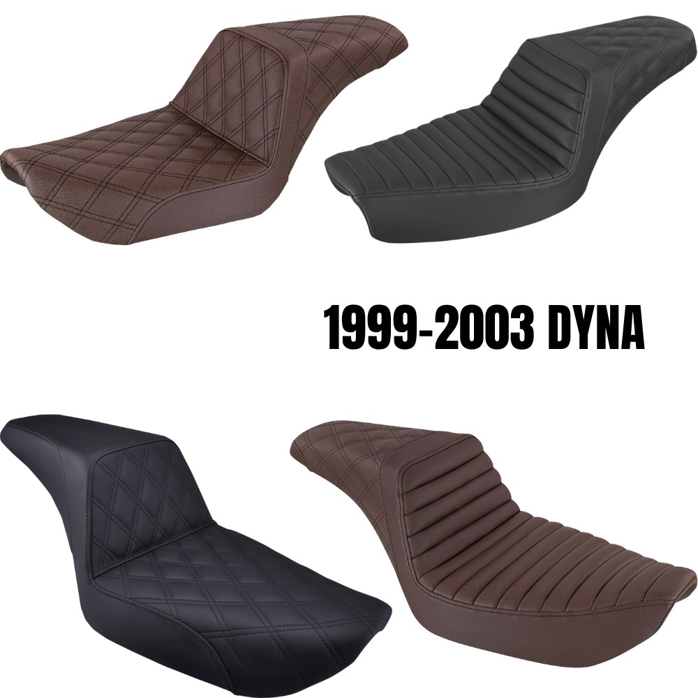 The Saddlemen Step-Up Seat for 1996-2003 Harley-Davidson Dyna is shown with other Saddlemen seats in black and brown, highlighting diverse designs and textures against a white background.
