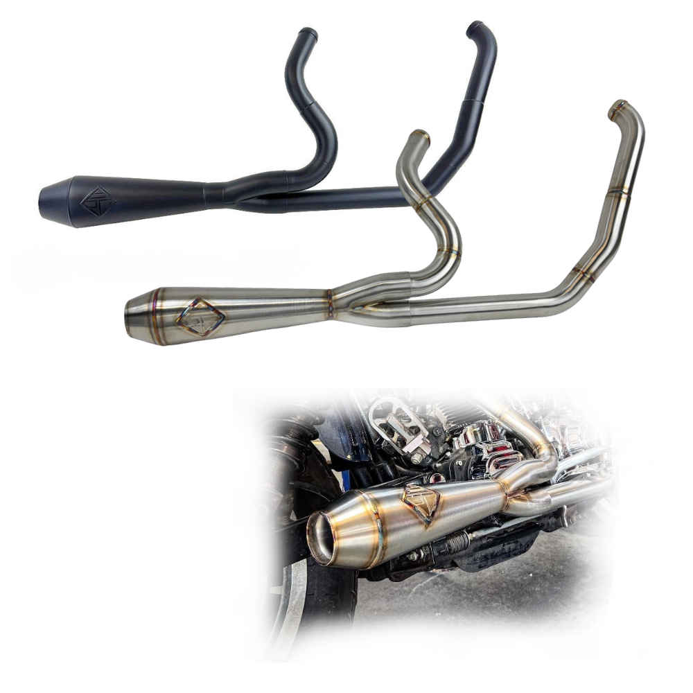 The SP Concepts Exhaust System for 1999-2005 Harley-Davidson Dyna is shown in black and silver, with an installed stainless steel version pictured below. Ideal for upgrading your Harley’s exhaust with SP Concepts style and quality.