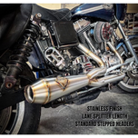The SP Concepts Exhaust System for 1999-2005 Harley-Davidson Dyna is shown in black and silver, with an installed stainless steel version pictured below. Ideal for upgrading your Harley’s exhaust with SP Concepts style and quality.