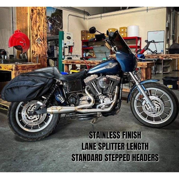 The SP Concepts Exhaust System for 1999-2005 Harley-Davidson Dyna is shown in black and silver, with an installed stainless steel version pictured below. Ideal for upgrading your Harley’s exhaust with SP Concepts style and quality.