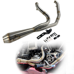 The SP Concepts Exhaust System for 2006-2017 Harley-Davidson Dyna, shown above as a 2-into-1 stainless steel kit with mounting hardware, is installed on a Dyna in the lower part of the image.