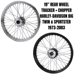 A Moto Iron® 19” × 2.5” Rear Tracker Wheel for 1973-2003 Harley-Davidson Big Twin and Sportster, featuring chrome spokes, a central hub, and valve stem, is displayed against a white background.